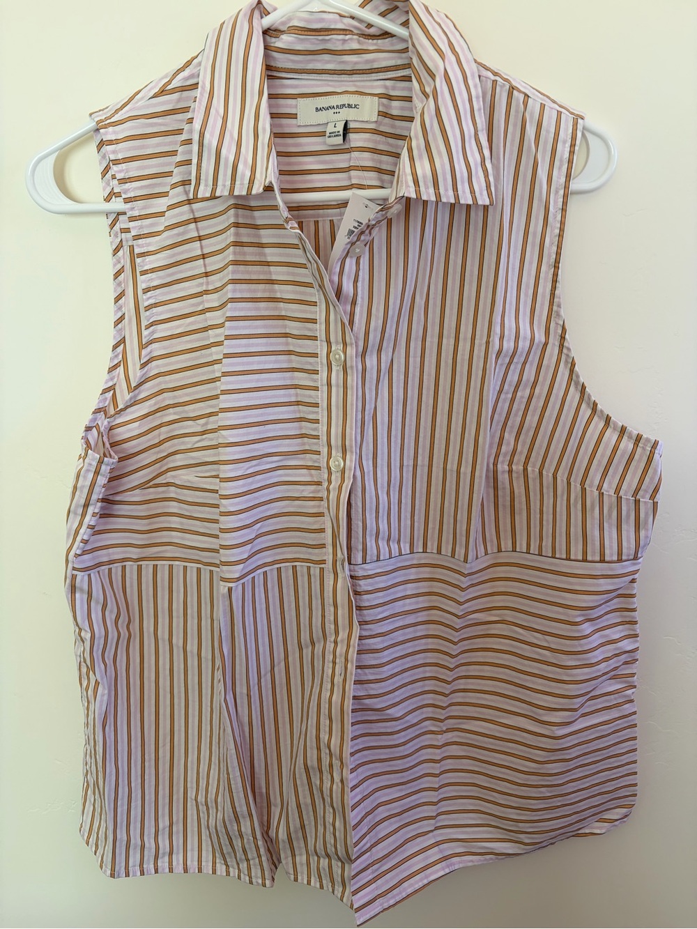 Banana Republic Sleeveless Striped Button-Up Top in Pink and Tan